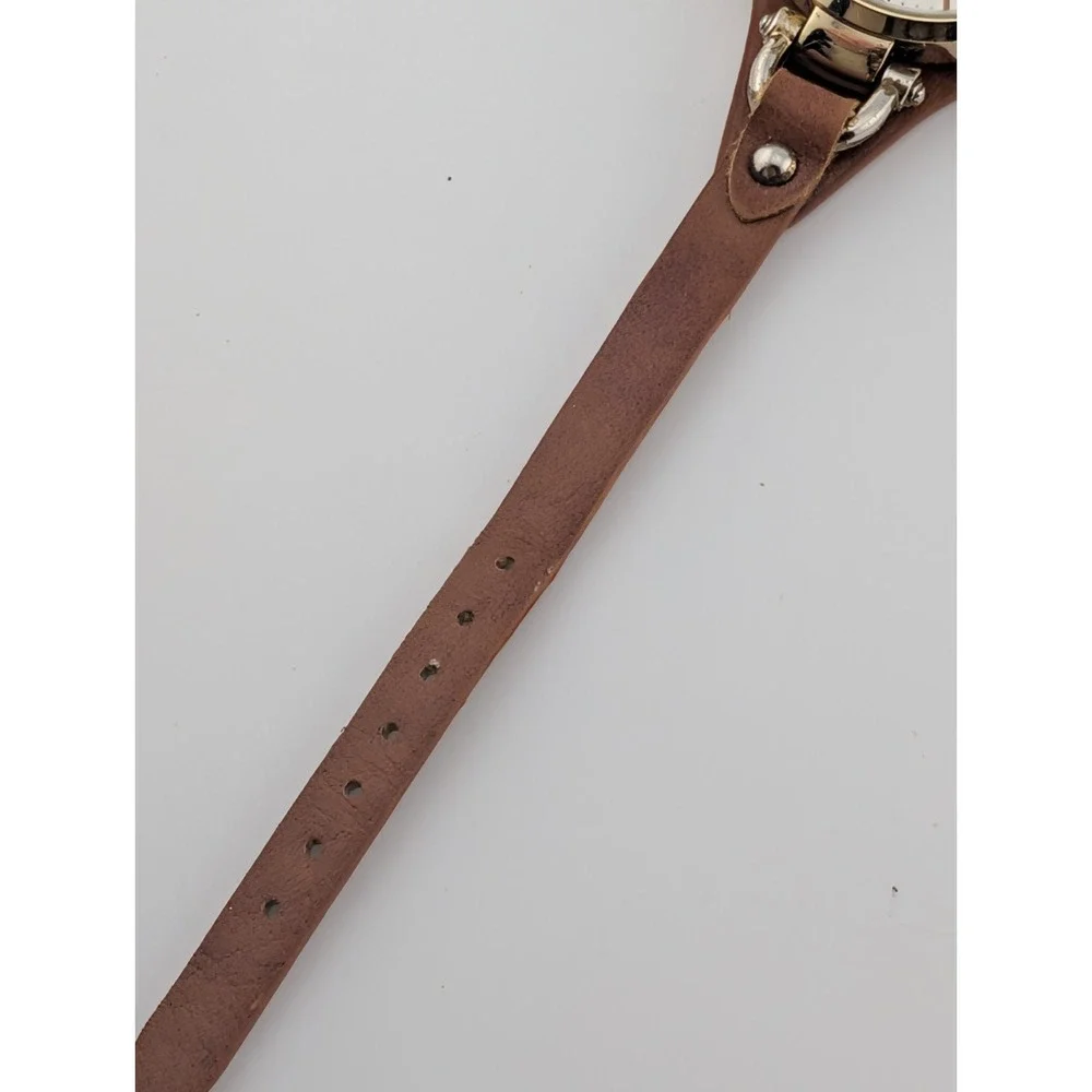 Ladies Quartz Watch 30mm‎ Gold Case Brown Faux Leather Bund Strap- New Battery